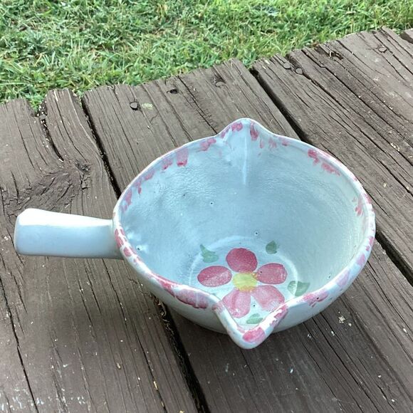 Handmade Pottery Bowl Handle Spout Floral Design Signed Vintage Folk Art - Picture 1 of 5